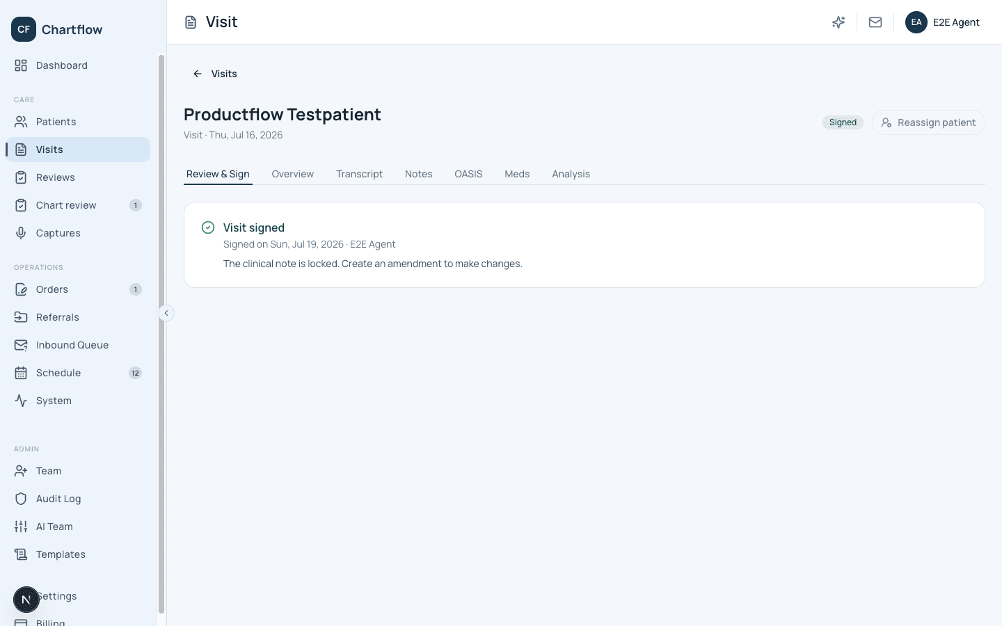 Review and Sign tab showing visit signed confirmation with completed chart summary